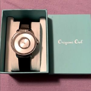 Origami Owl watch with black leather band